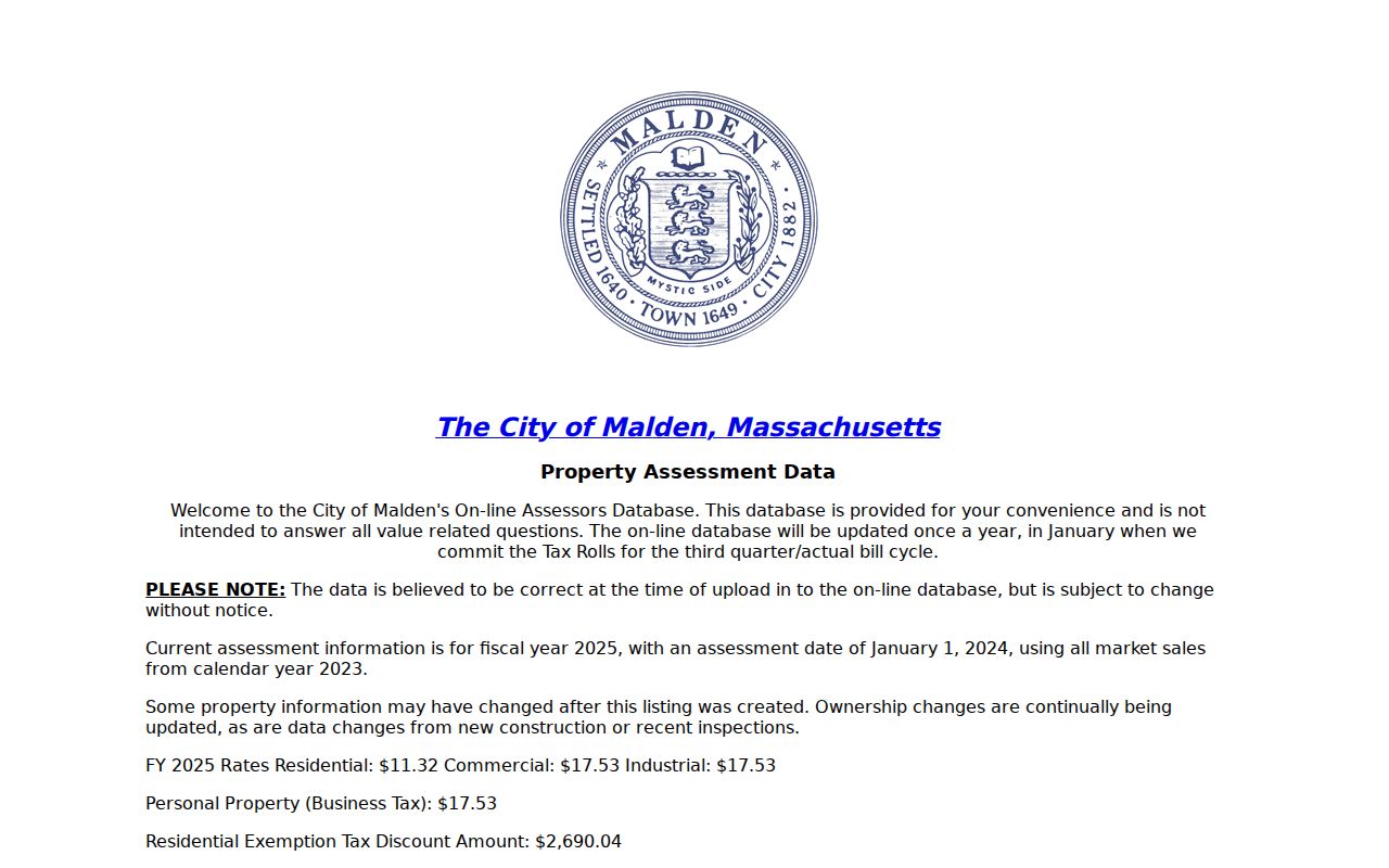 Malden residents directory property search on the Malden WebPro assessor page