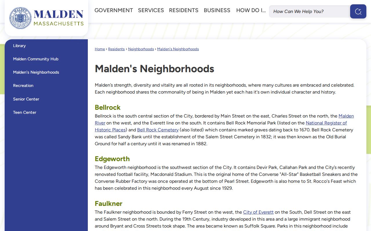 Malden neighbors context through the City of Malden neighborhood descriptions