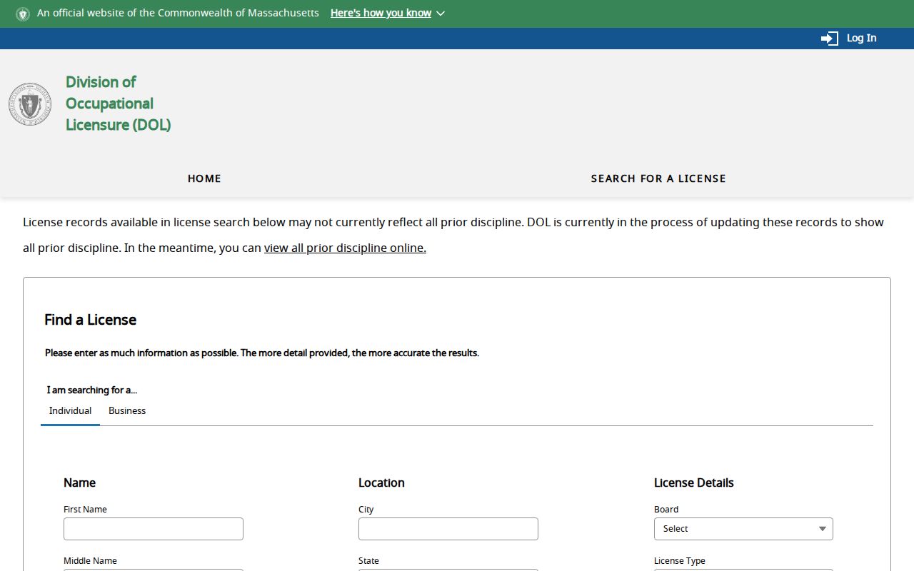 Malden resident lookup through the Massachusetts occupational license search