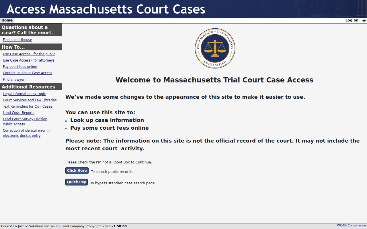 Malden residents directory MassCourts public case access screen